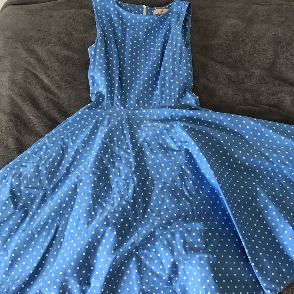 baby blue and white pocka-dot dress